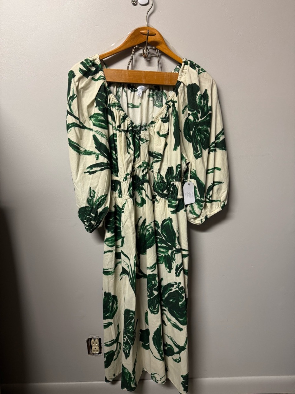 Time and Tru Cream Midi Dress with Green Floral Print